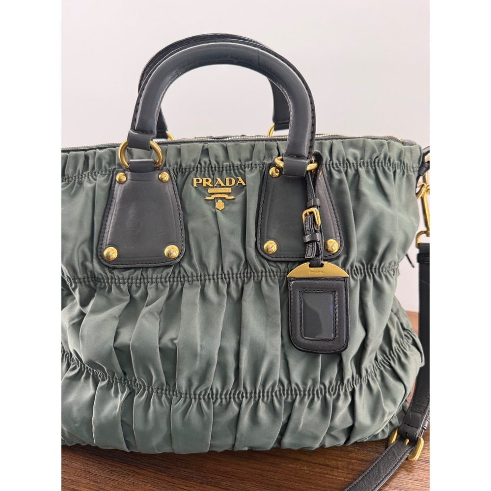 Prada Tessuto Gauffre Ruched Nylon Leather Satchel Bag Green Black Gold Hardware